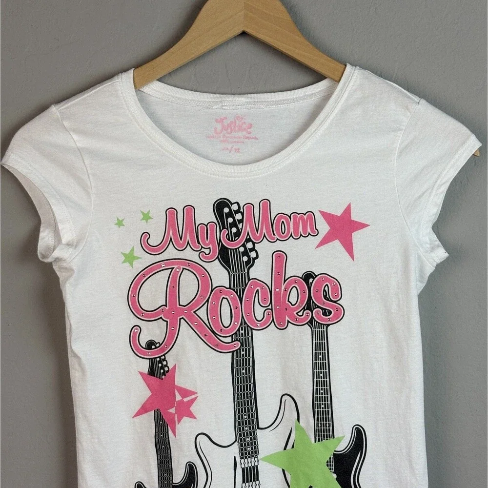 Vintage Y2K Justice Top Girls S 12 White My Mom Rocks Graphic Tee Guitar Stars